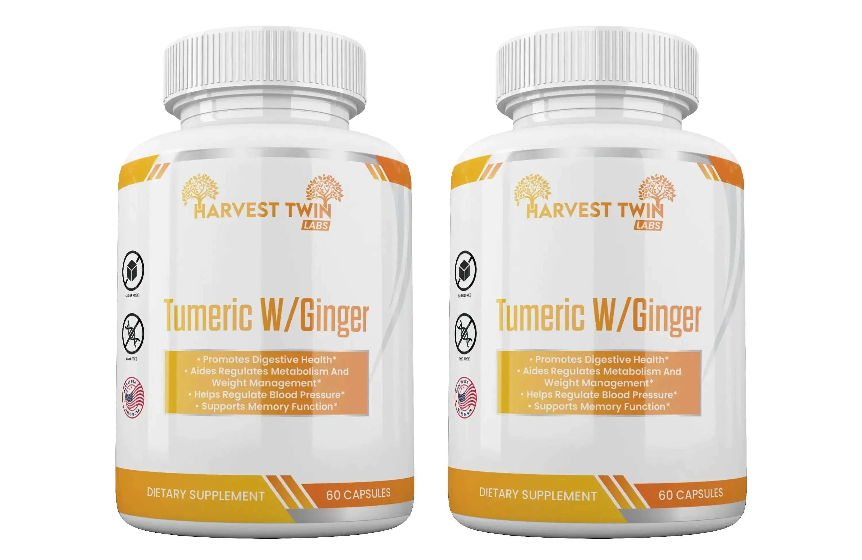Harvest Twin Labs Turmeric & Ginger Duo supplement bottles for digestive health and memory support