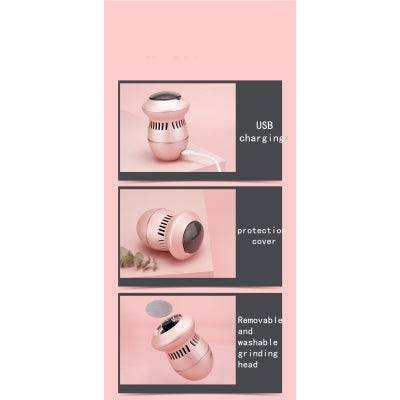 Multifunctional electric foot file grinder with USB charging, protection cover, and removable washable grinding head.