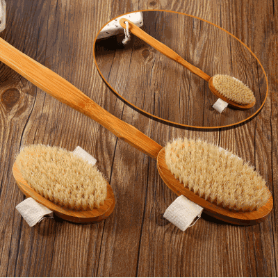 Bamboo removable bath brush with medium to soft bristles.