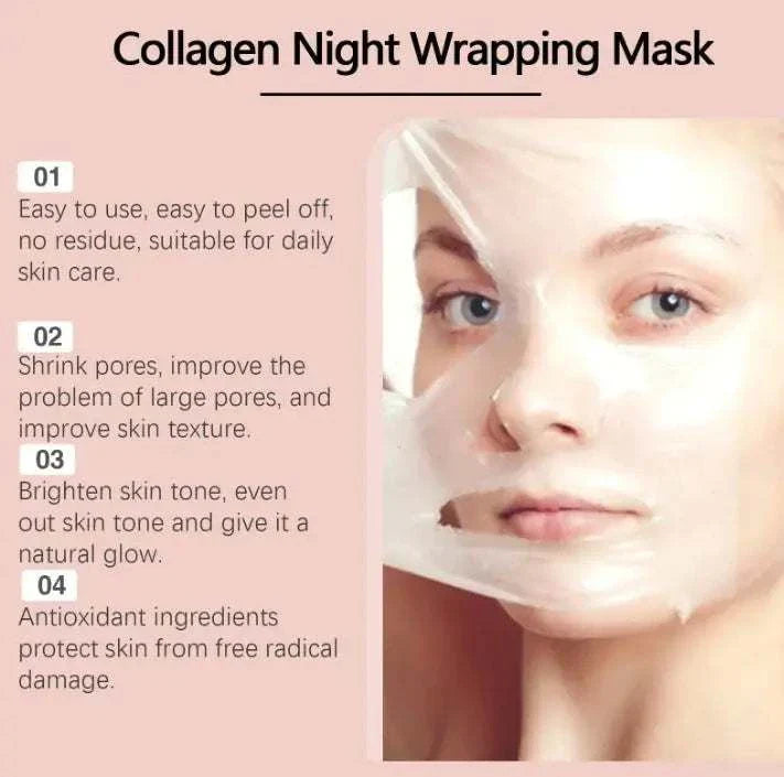 Radiant Skin Collagen Mask peel-off formula improving skin texture, shrinking pores, and brightening complexion.