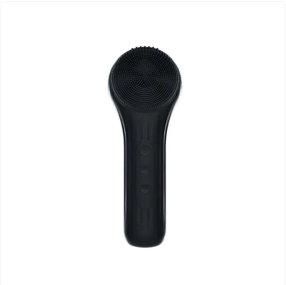 Black electric silicone face cleansing brush with ultrasonic vibration and adjustable speeds