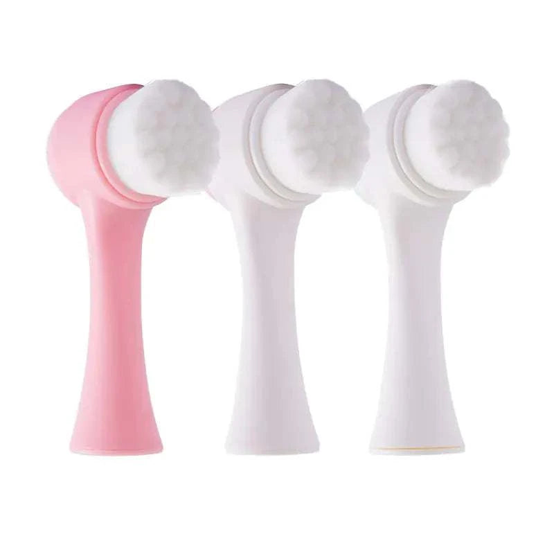 2-in-1 dual-sided facial cleansing brushes with soft bristles and silicone massage side for exfoliation and cleansing.