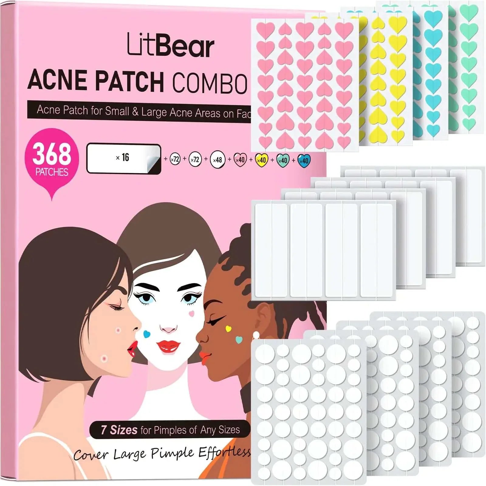 LitBear Multi-Size Acne Patch Kit with 368 hydrocolloid patches in various sizes and colorful heart shapes for effective acne treatment on face and body