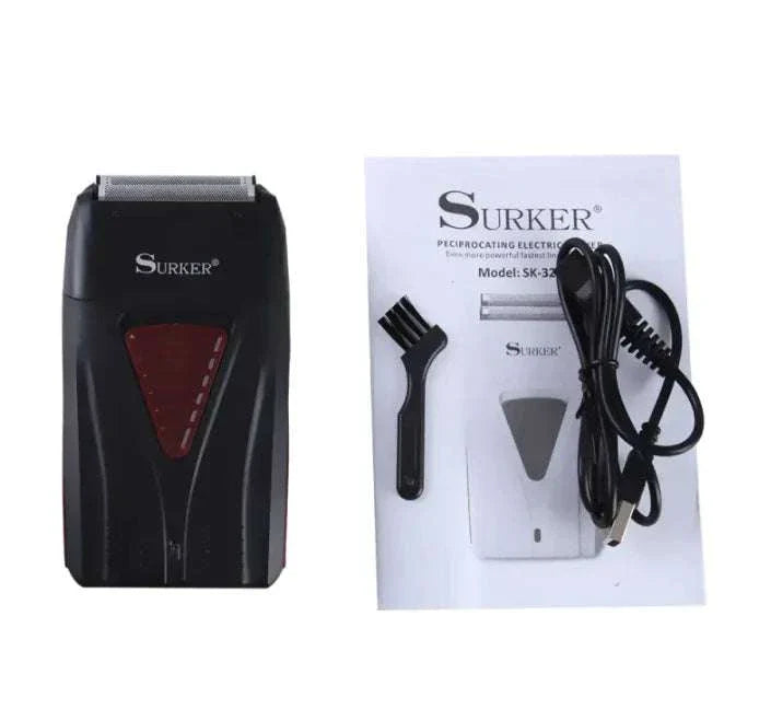 Smooth Shave Head electric shaver with reciprocating floating cutter, cleaning brush, charging cable, and user manual
