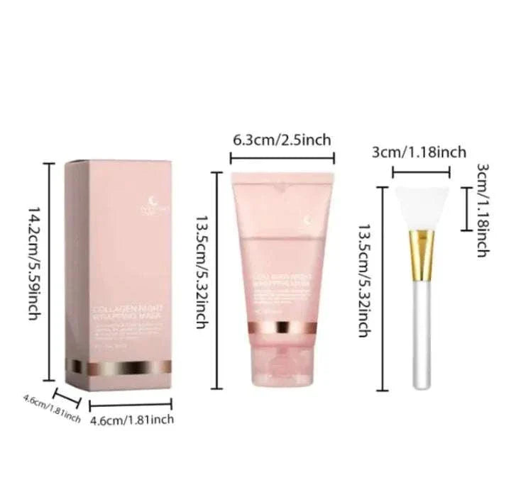 Radiant Skin Collagen Mask tube with brush and packaging displaying product dimensions in pink and gold design