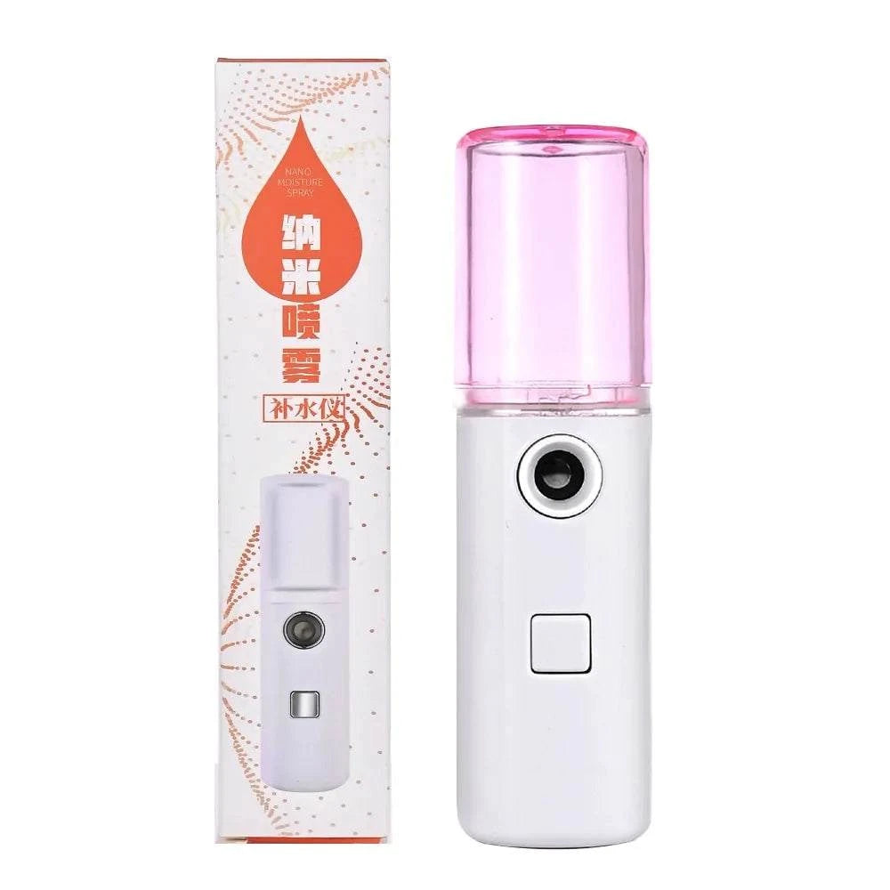 Portable facial steamer with pink lid and packaging.