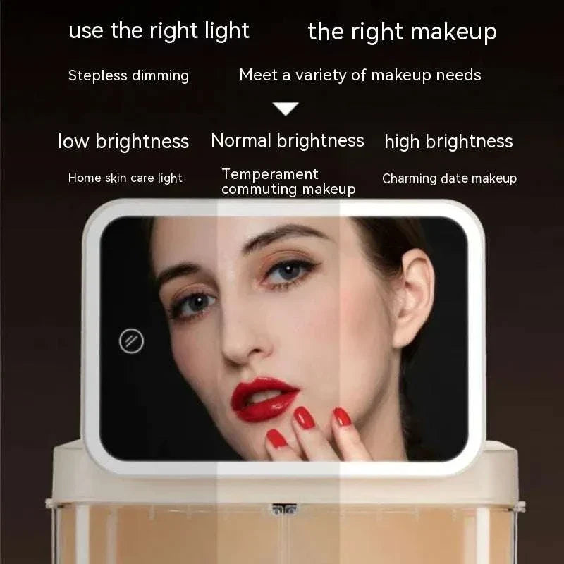 Desktop cosmetic storage box with built-in LED mirror, showcasing stepless dimming, low to high brightness settings.