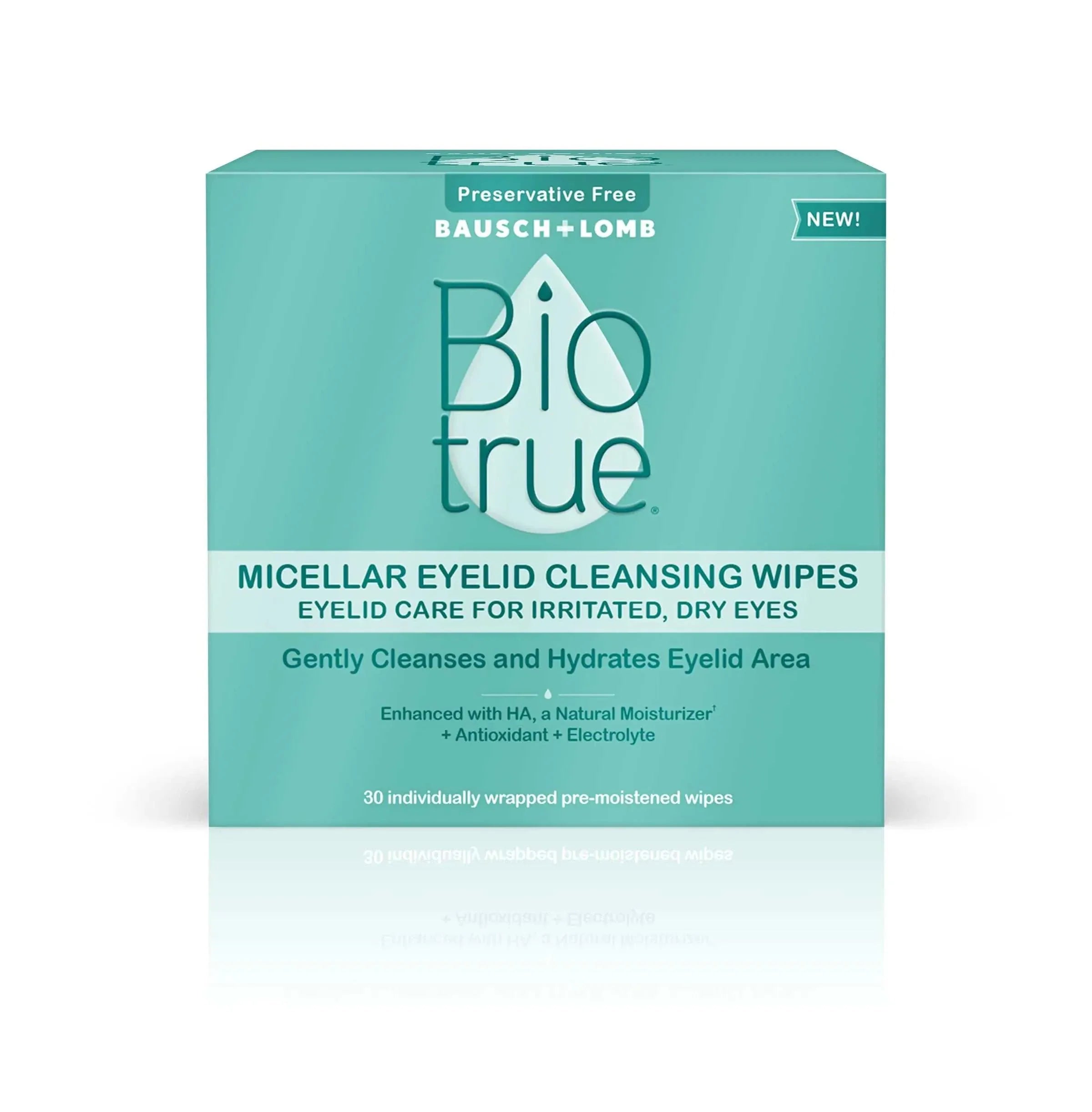 Biotrue Eyelid Hydration Wipes by Bausch + Lomb 30 count for gentle cleansing and hydration of eyelids