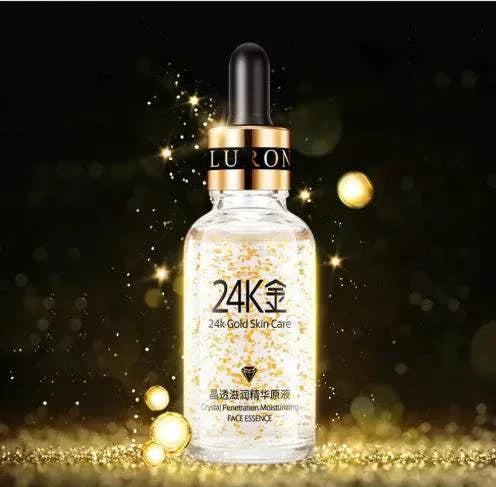24K Gold Hyaluronic Rejuvenating Serum bottle with gold flakes for deep skin hydration and rejuvenation