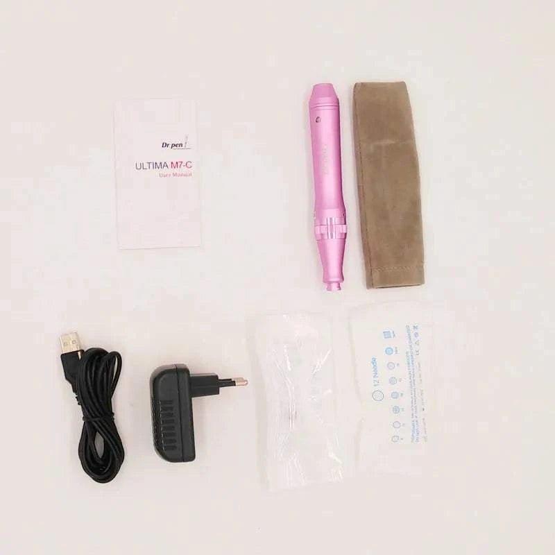 Derma Microneedling Pen kit with pink pen, adapter, power cable, needle cartridges, and manual.