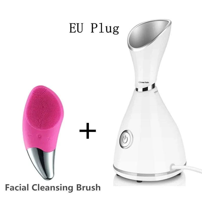 Face Steamer SPA Facial Humidifier Vaporizer with EU plug and pink facial cleansing brush.