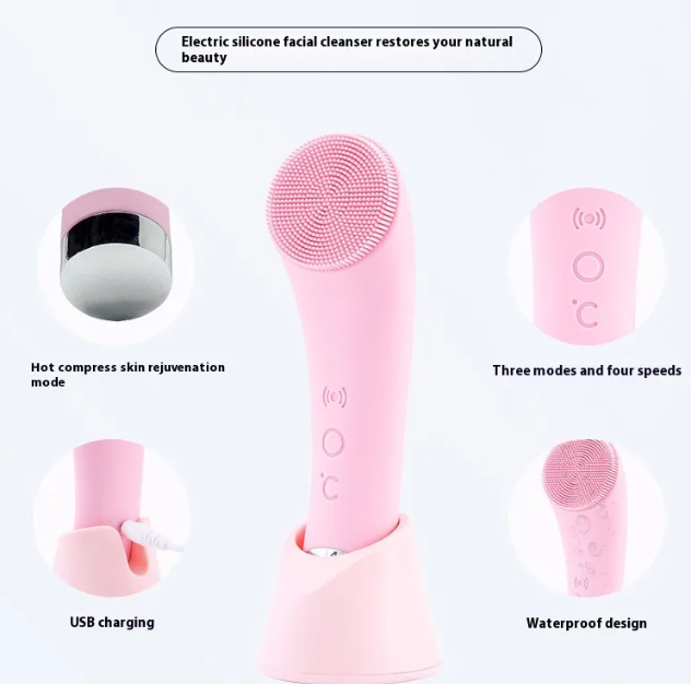 Vibrating Silicone Skin Brush with soft silicone bristles, vibration, and heating for deep cleansing and makeup removal.