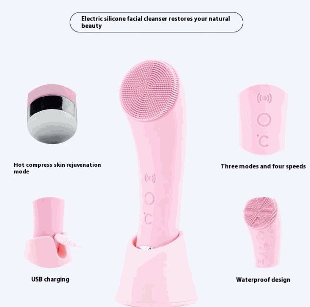 Vibrating Silicone Skin Brush with soft silicone bristles, vibration, heating, and compact waterproof design for deep cleansing and gentle skin care.