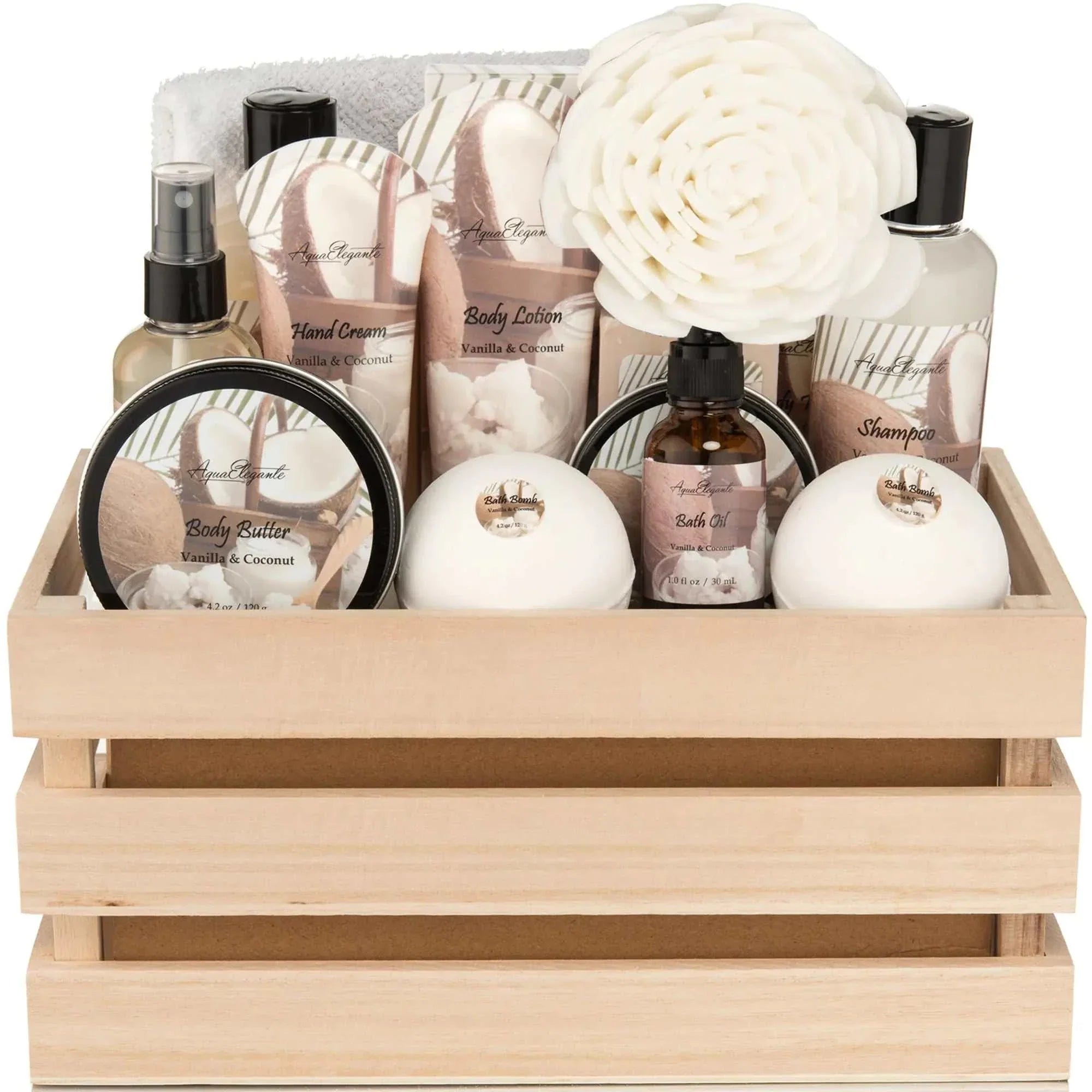 Luxury bath spa gift set in wooden basket with coconut and vanilla scented body wash, lotion, bath bombs, soap, scrub, shower puff, and towel