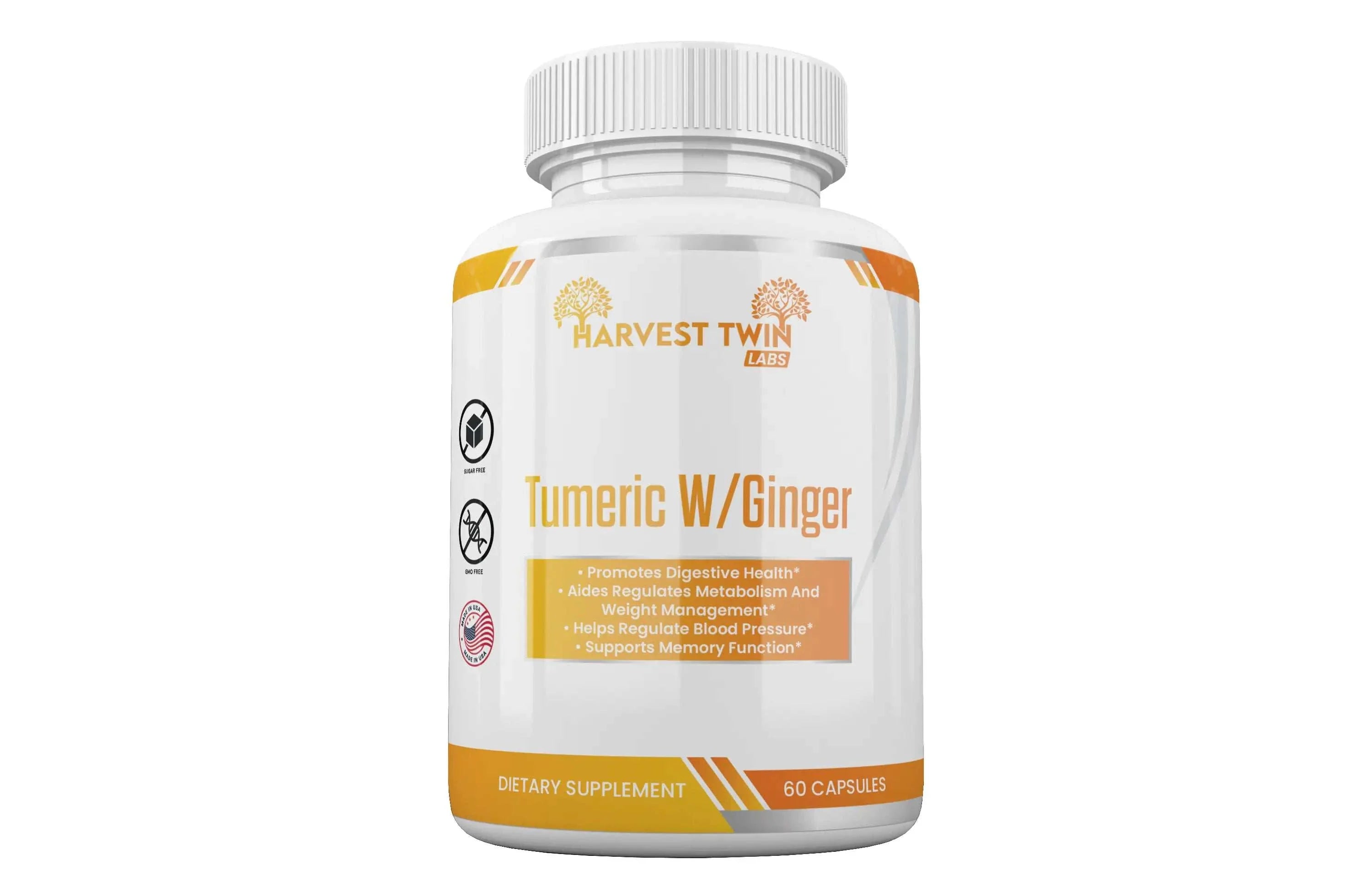 Turmeric & Ginger Duo supplement bottle promoting digestive health and memory support by Harvest Twin Labs