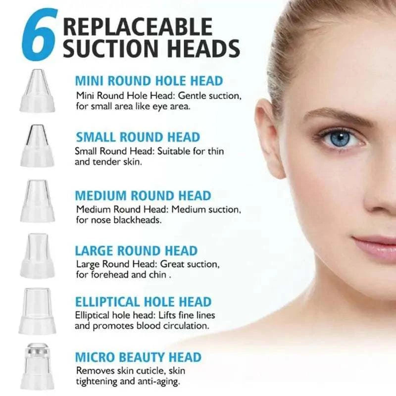 6 replaceable suction heads for USB rechargeable blackhead remover vacuum with various skin benefits.