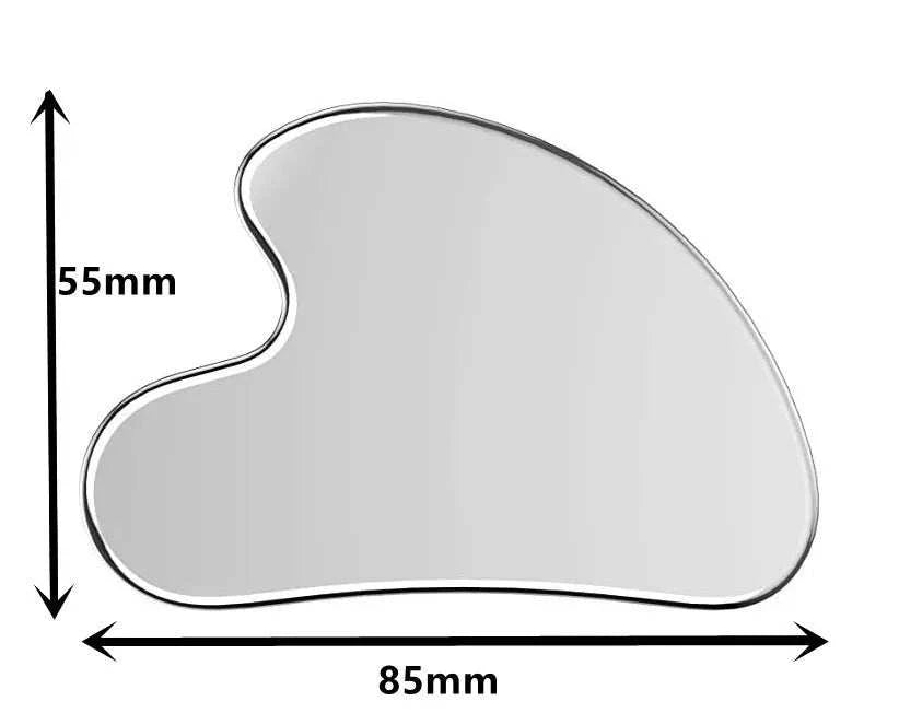 Heart-shaped stainless steel Gua Sha tool with ergonomic design, 85mm by 55mm, for skincare and muscle relaxation.