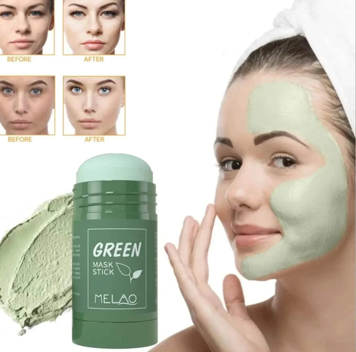 Green Tea Mask stick with clay detox applied on woman's face for hydrating and pore-cleansing skincare