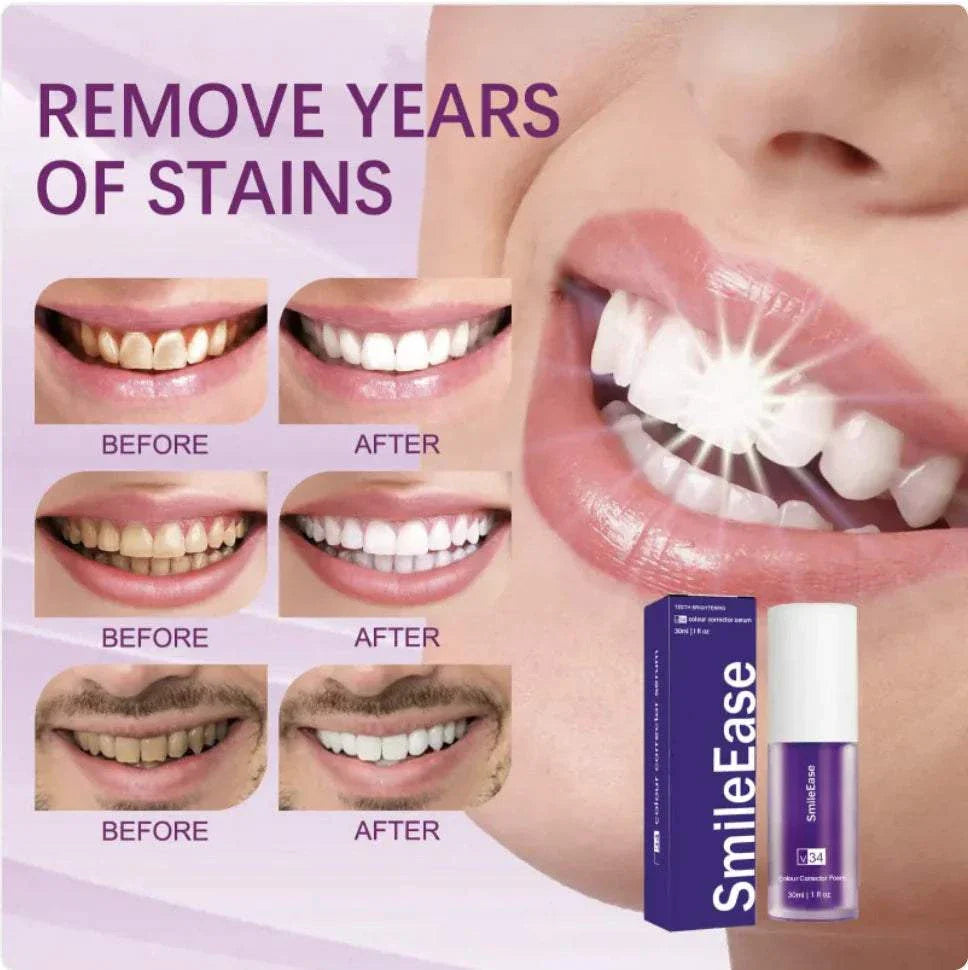 Lavender Smile Whitening Toothpaste removing years of teeth stains before and after results with cream in plastic bottle packaging