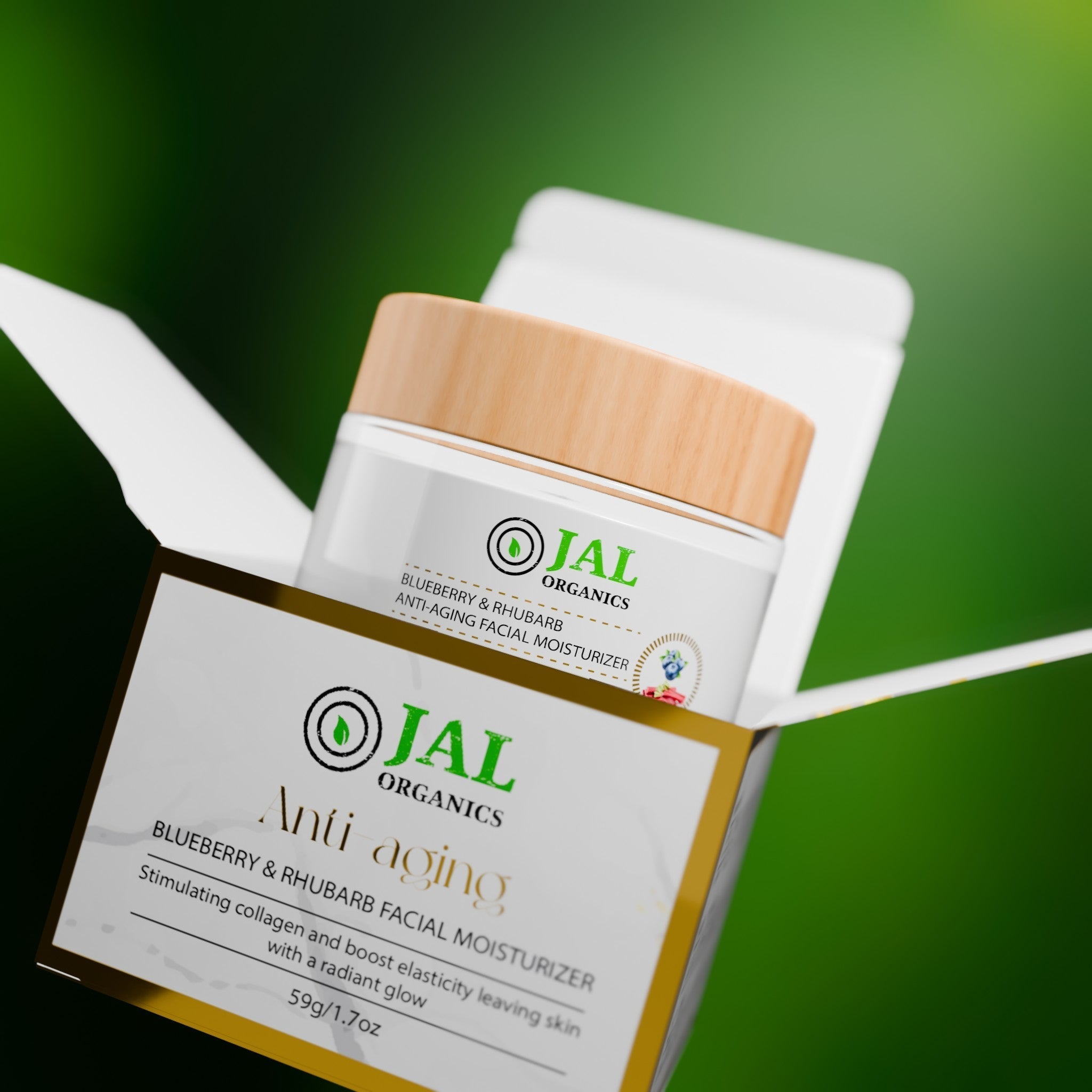 Blueberry Rhubarb Anti-wrinkle face cream in open box, boosting collagen and elasticity.