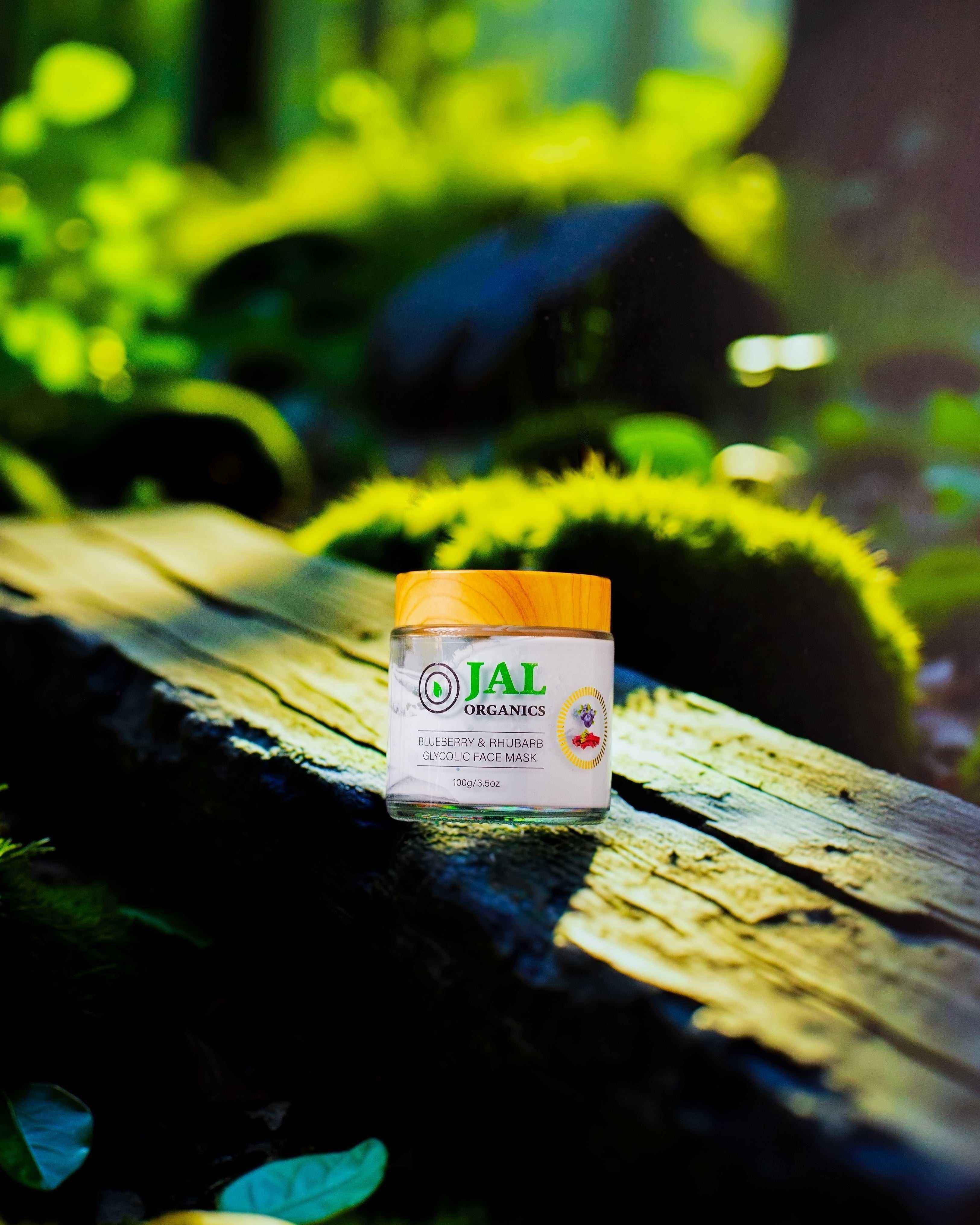 Blueberry Rhubarb Mask jar on a rustic wooden surface in a lush garden setting.
