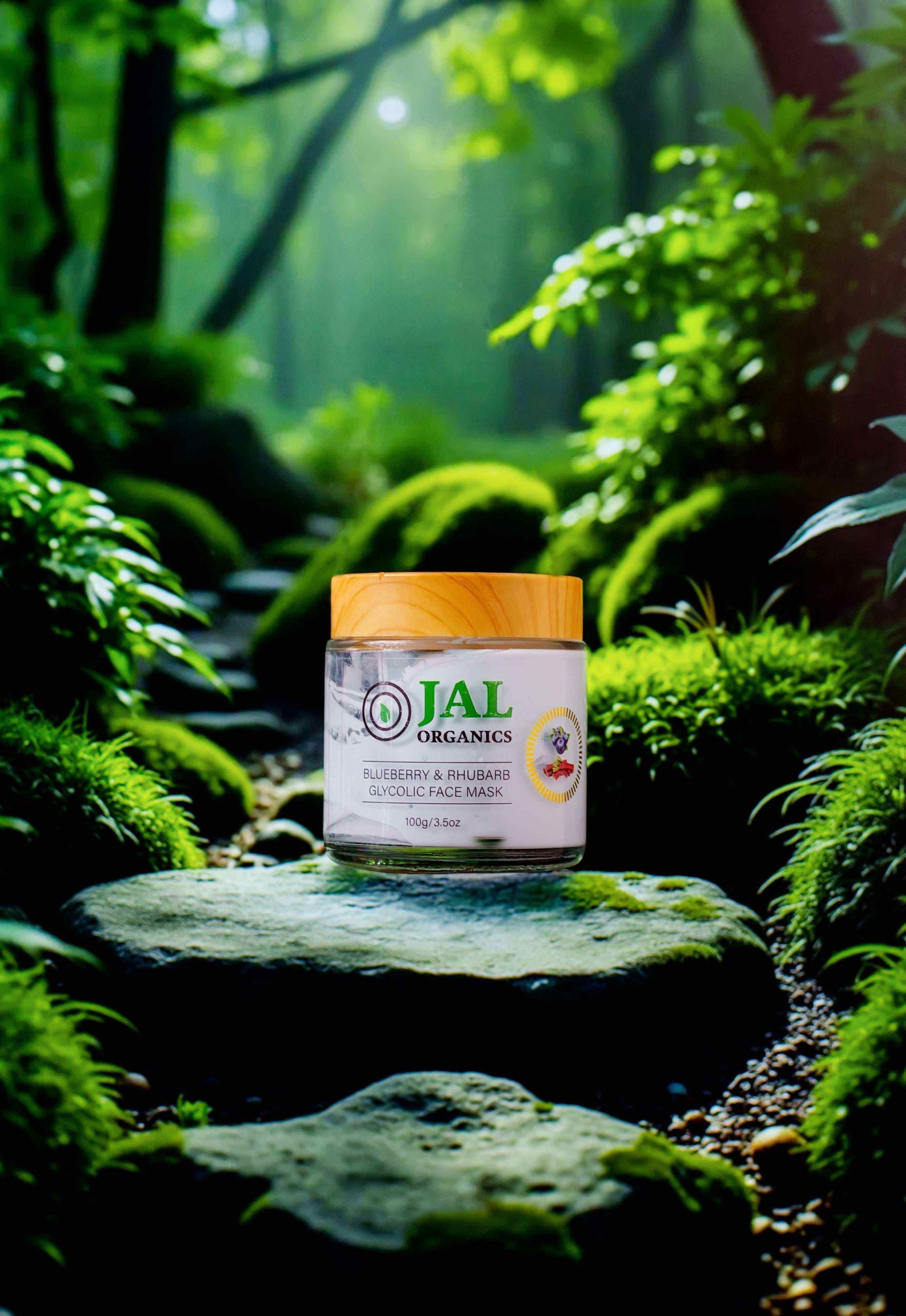 Blueberry Rhubarb Mask Glycolic for radiant skin in a forest setting.