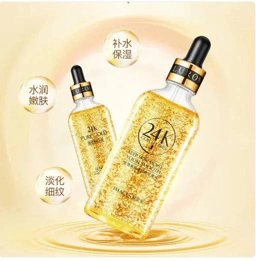 24K Gold Hyaluronic Rejuvenating Serum bottle with gold flakes and dropper for deep skin hydration and rejuvenation