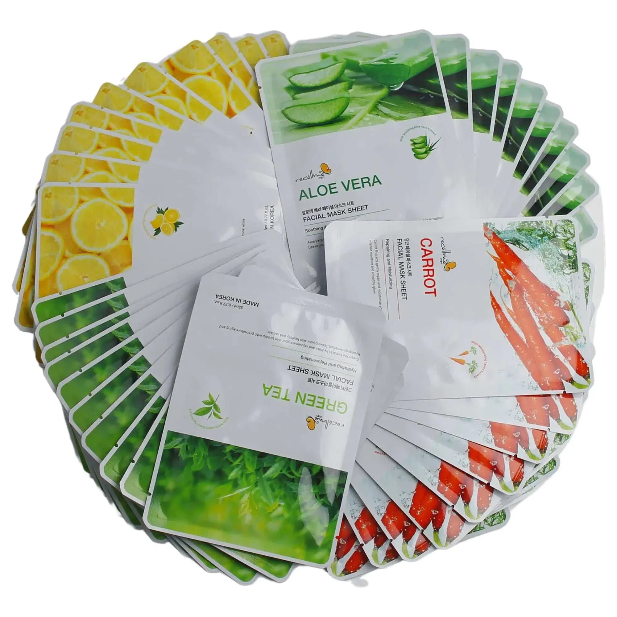 K-Beauty Aloe Soothing Sheet Mask 12-Pack with Aloe Vera, Green Tea, Carrot, and Lemon extracts for hydrating and calming skin
