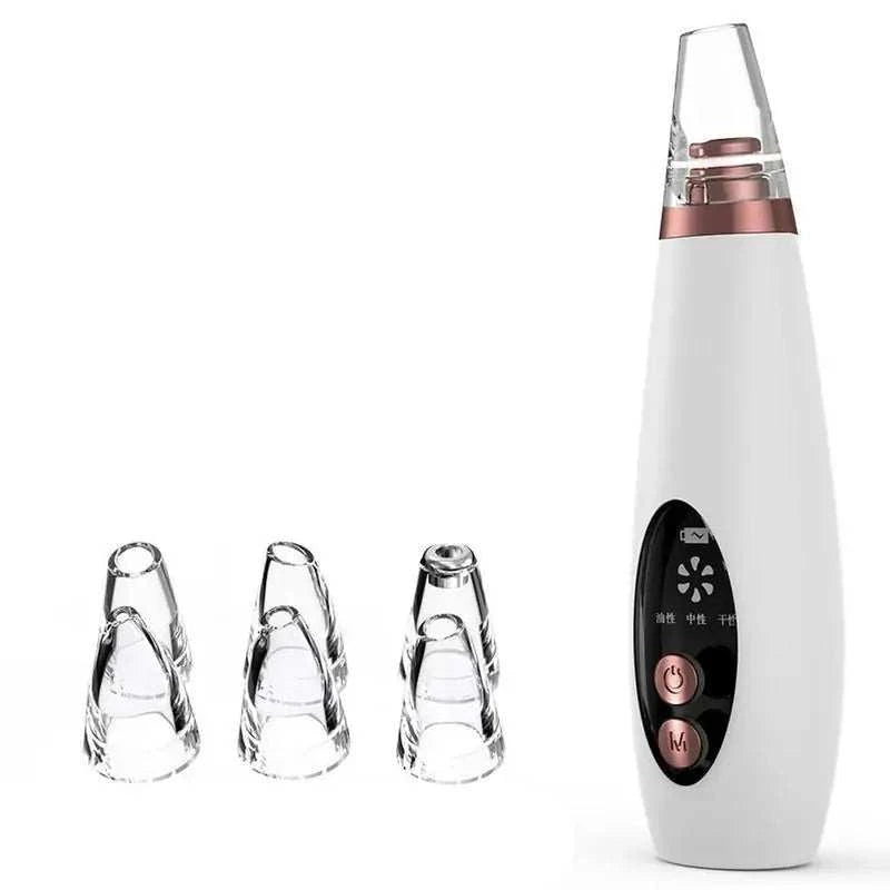 USB Rechargeable Blackhead Remover Vacuum with interchangeable suction heads and sleek white design.