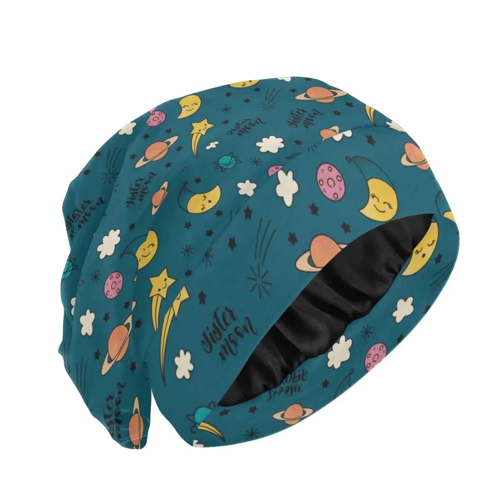 Cotton-satin hair protector cap with celestial print, satin lining, and elastic band for secure fit and hair protection.