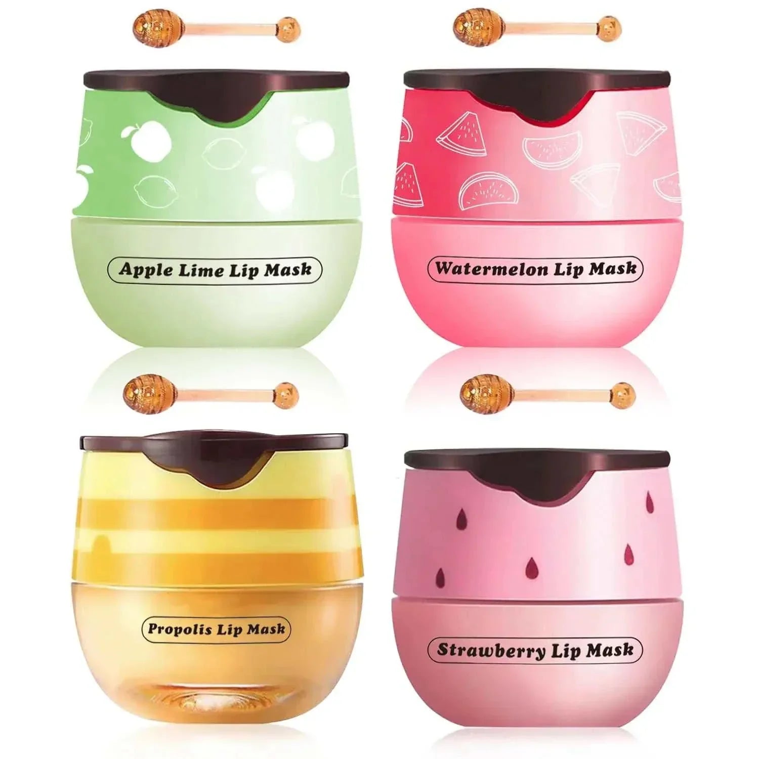 Fruit Kiss Lip Balm 4-pack with Apple Lime, Watermelon, Propolis, and Strawberry Lip Masks in honey pot jars with wooden honey dippers