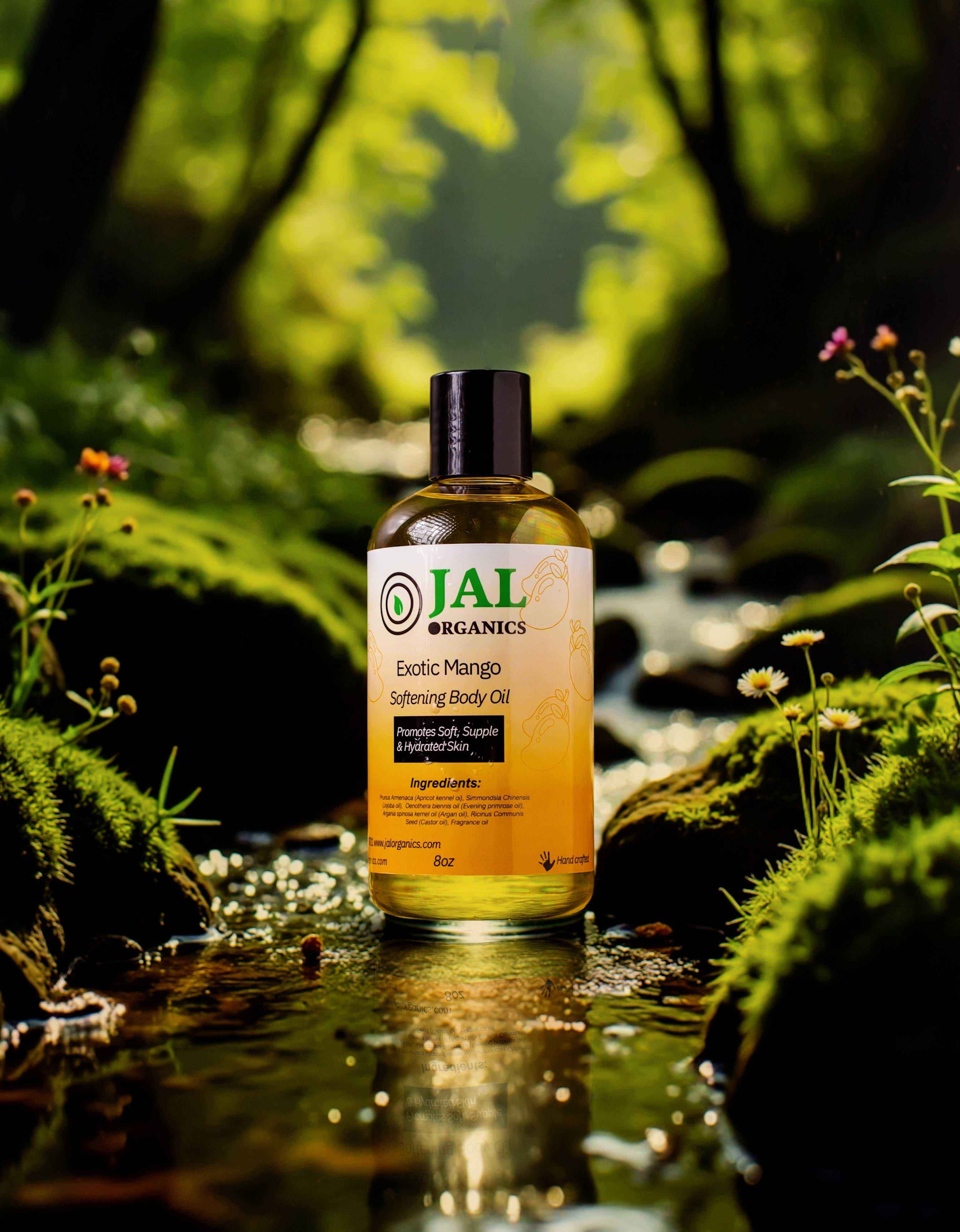 Exotic Mango Body Oil bottle amidst lush greenery, conveying natural hydration and tropical freshness.