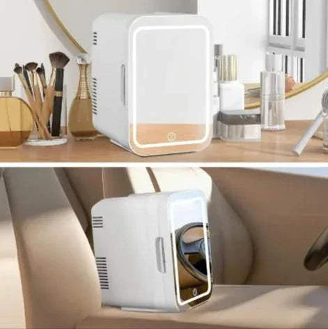 Glam Mini Cooler compact beauty fridge with illuminated mirror for skincare and cosmetics storage at home or in car