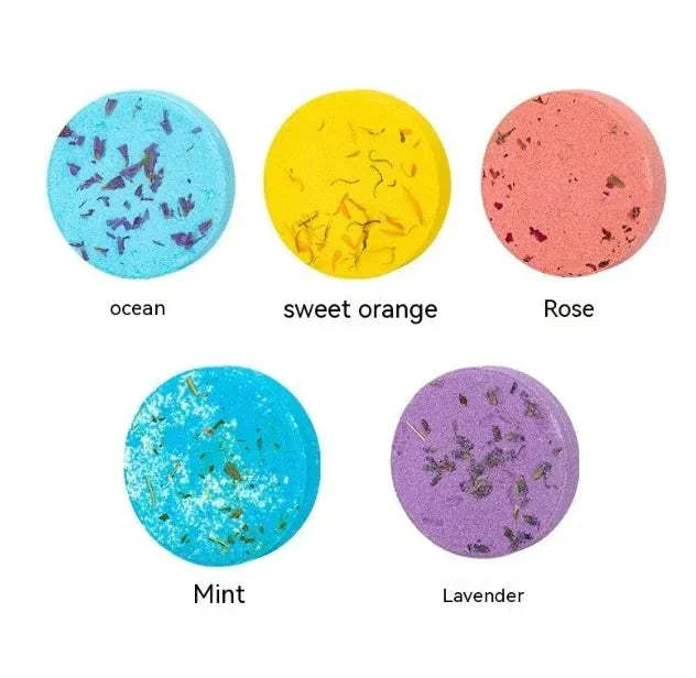 Spa Essence Bath Salts in five scents including Lavender, Rose, Sweet Orange, Ocean, and Mint single-use 30g tablets.