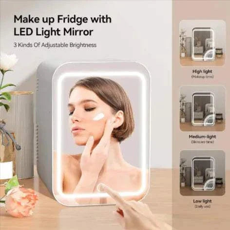 Glam Mini Cooler beauty fridge with illuminated LED mirror and adjustable brightness for skincare and cosmetics storage.