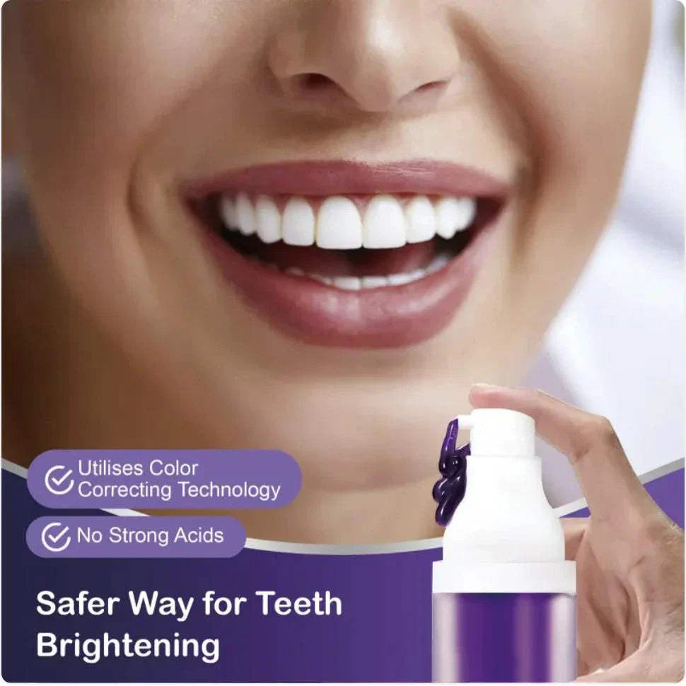 Close-up of bright smile and Lavender Smile Whitening Toothpaste with purple cream for safe teeth brightening
