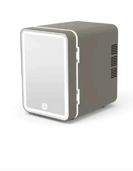 Glow Cooler Mini Fridge compact beauty fridge with LED light and mirrored door in gray color