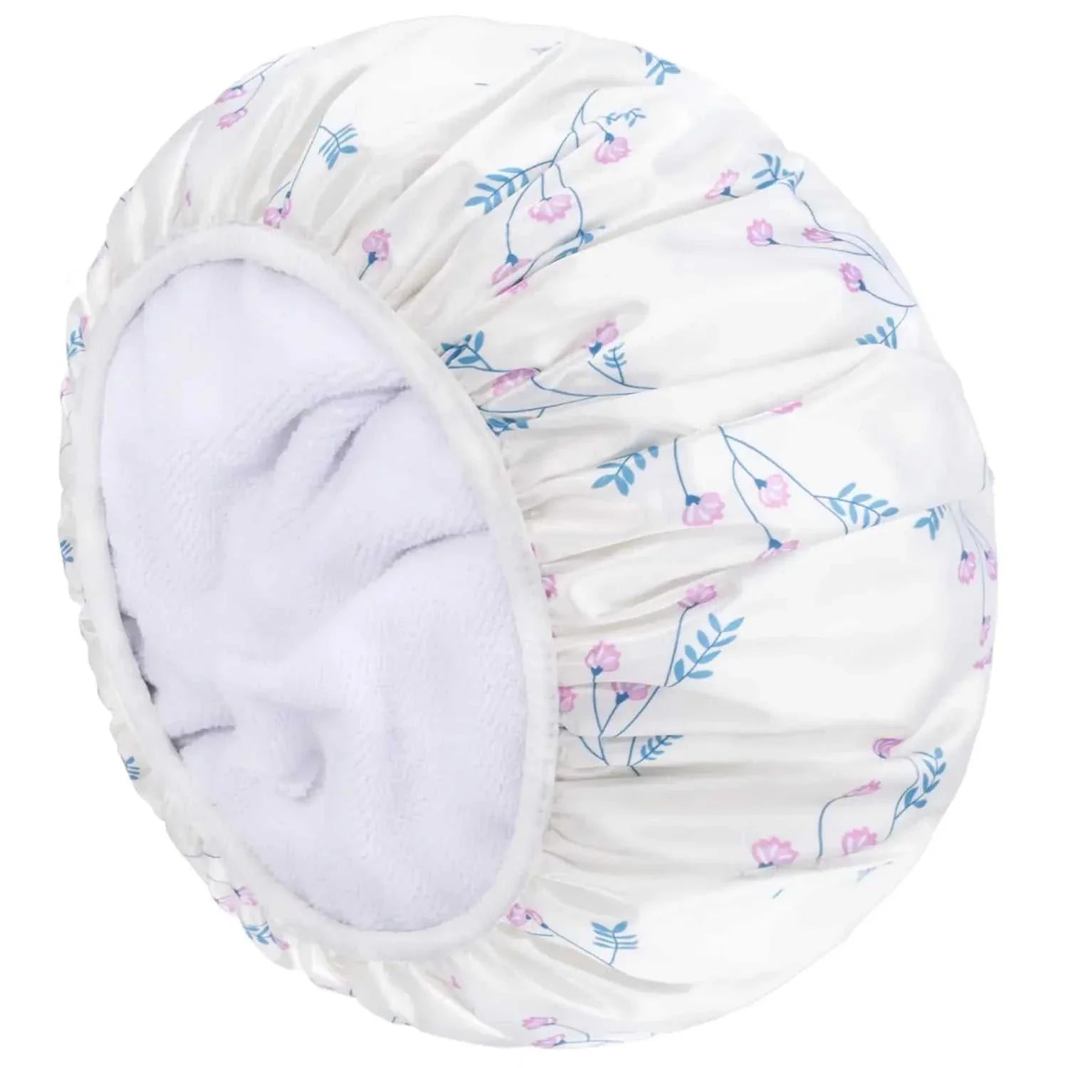 Keeygo triple-layer waterproof shower cap with terry lining and floral pattern, extra large size for all hair types