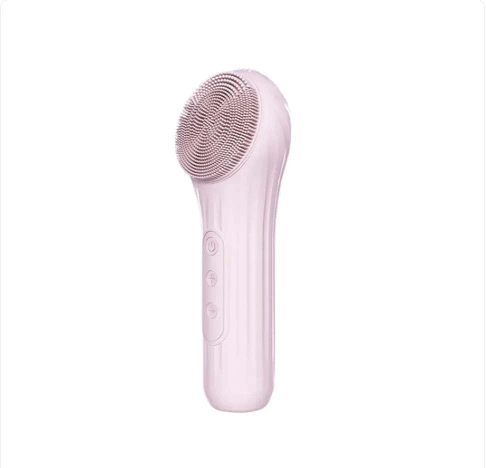 Pink electric silicone face cleansing brush with ultrasonic vibration and adjustable speed settings