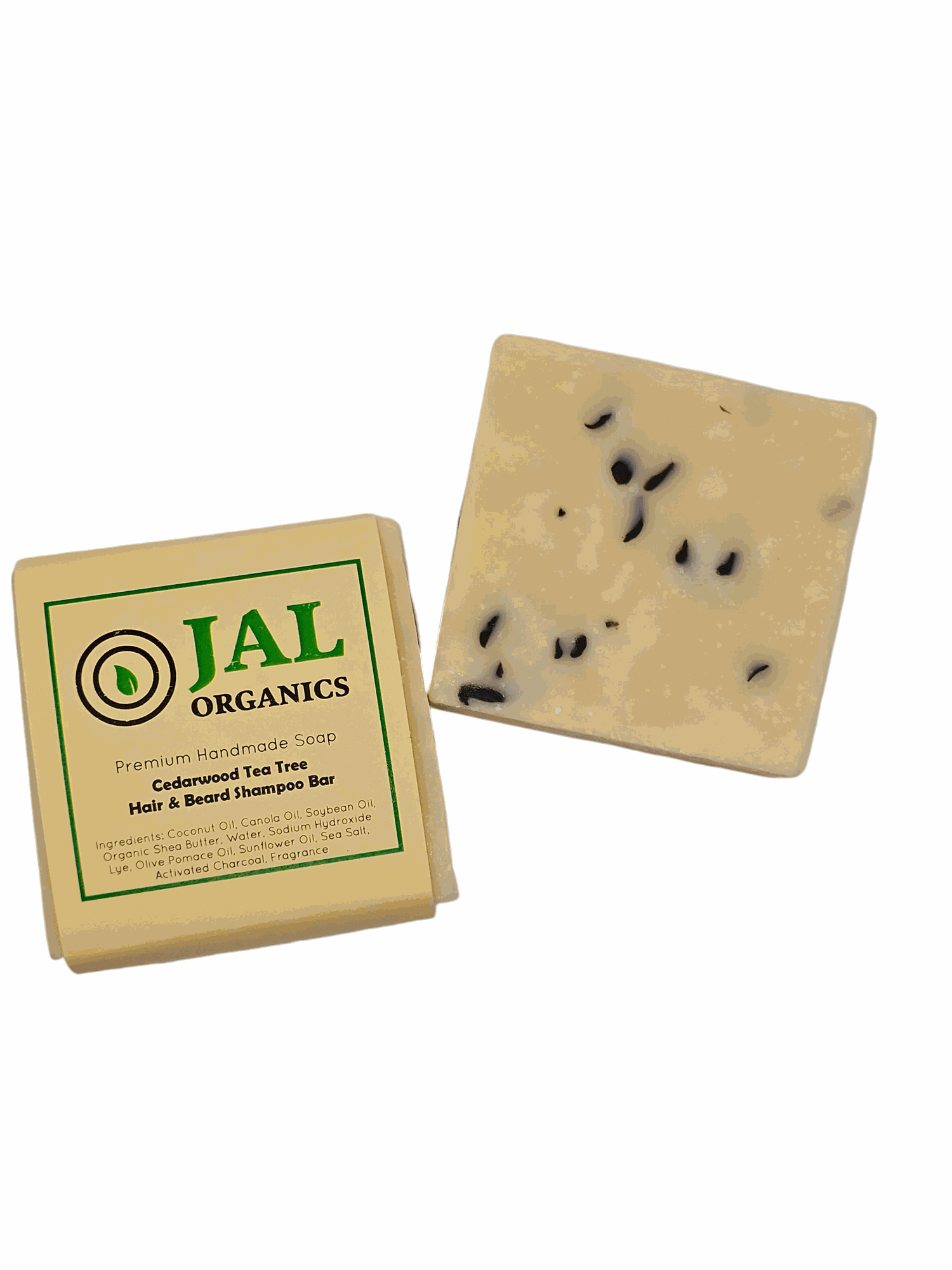 Cedarwood Tea Tree Hair and Beard Shampoo Bar with box packaging.