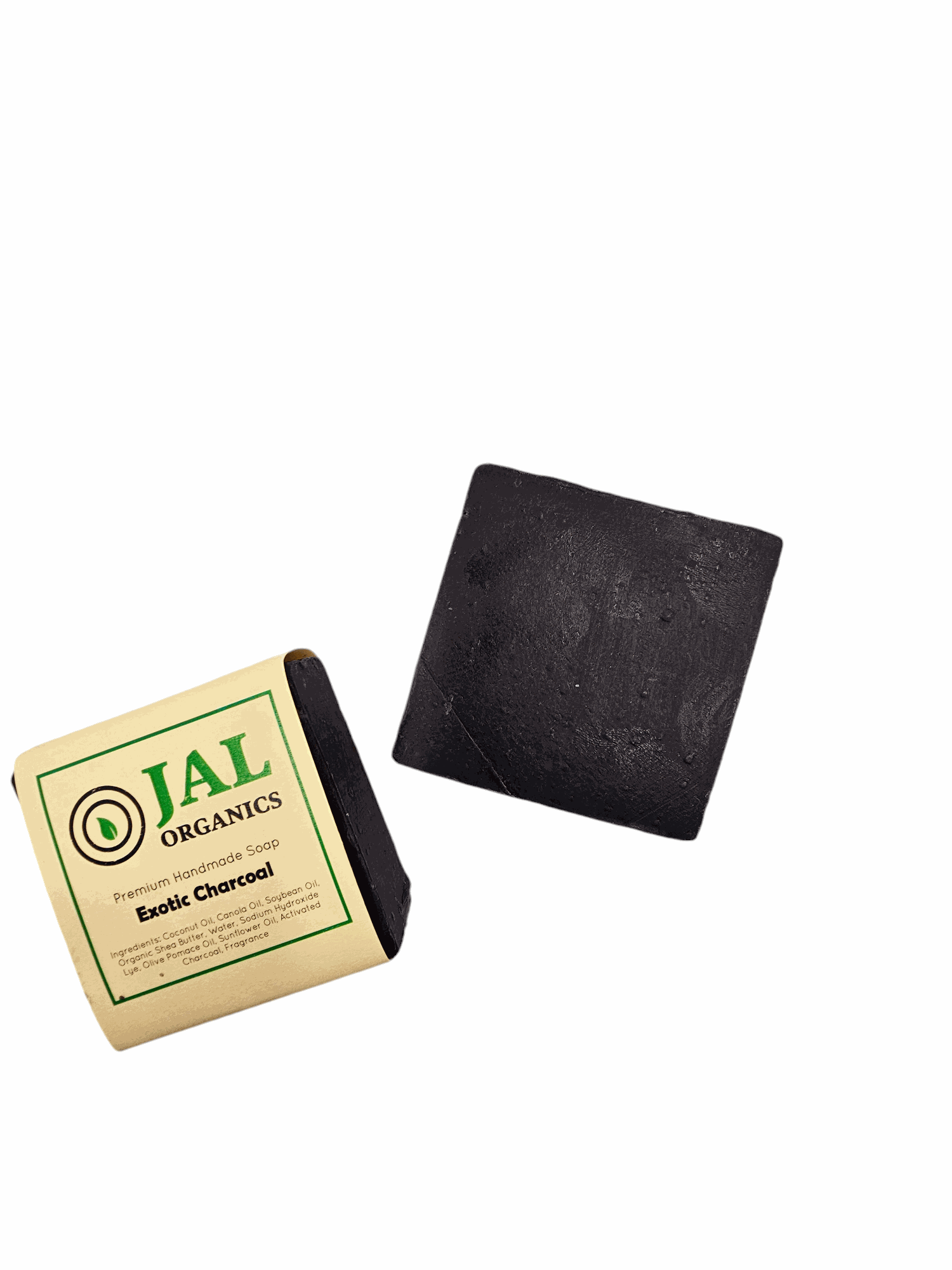 Exotic Charcoal Soap by Jal Organics with packaging, featuring a black bar, crafted for deep cleansing and hydration.