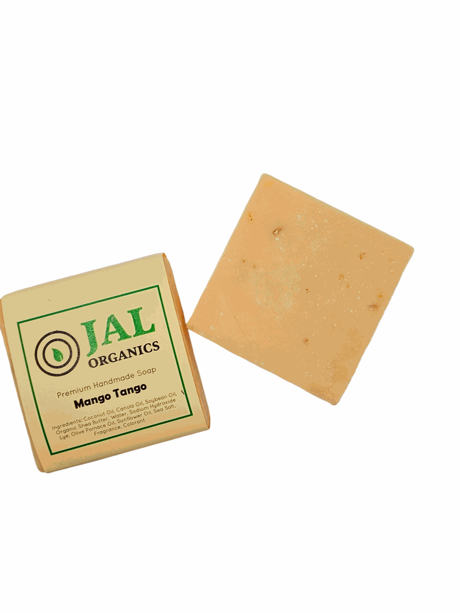 Mango Tango Soap bar with packaging by Jal Organics, featuring natural ingredients.
