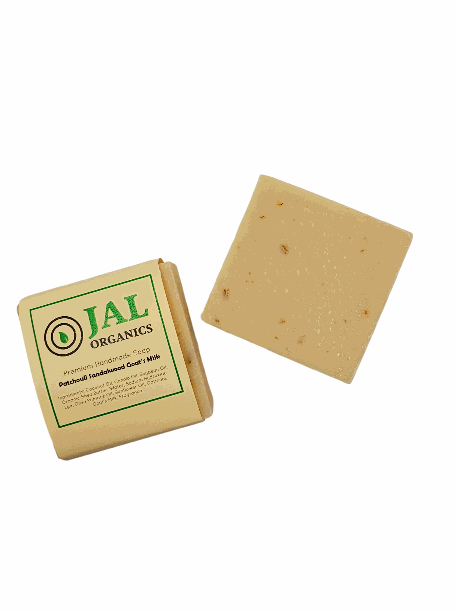 Patchouli Sandalwood Goat’s Milk Bar soap with Jal Organics label, showcasing its natural ingredients.