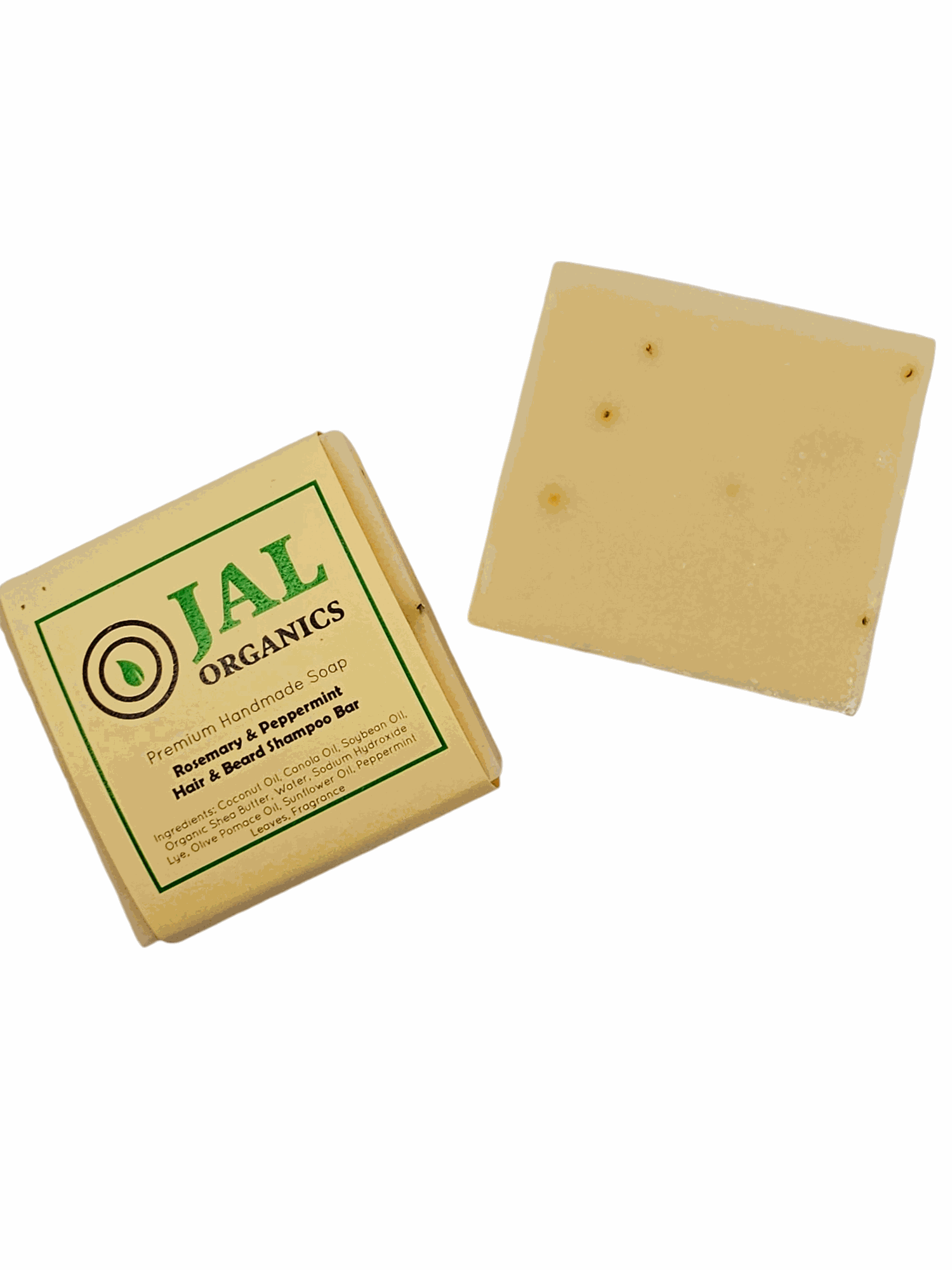 Rosemary Peppermint Hair and Beard Shampoo Bar from Jal Organics with packaging.