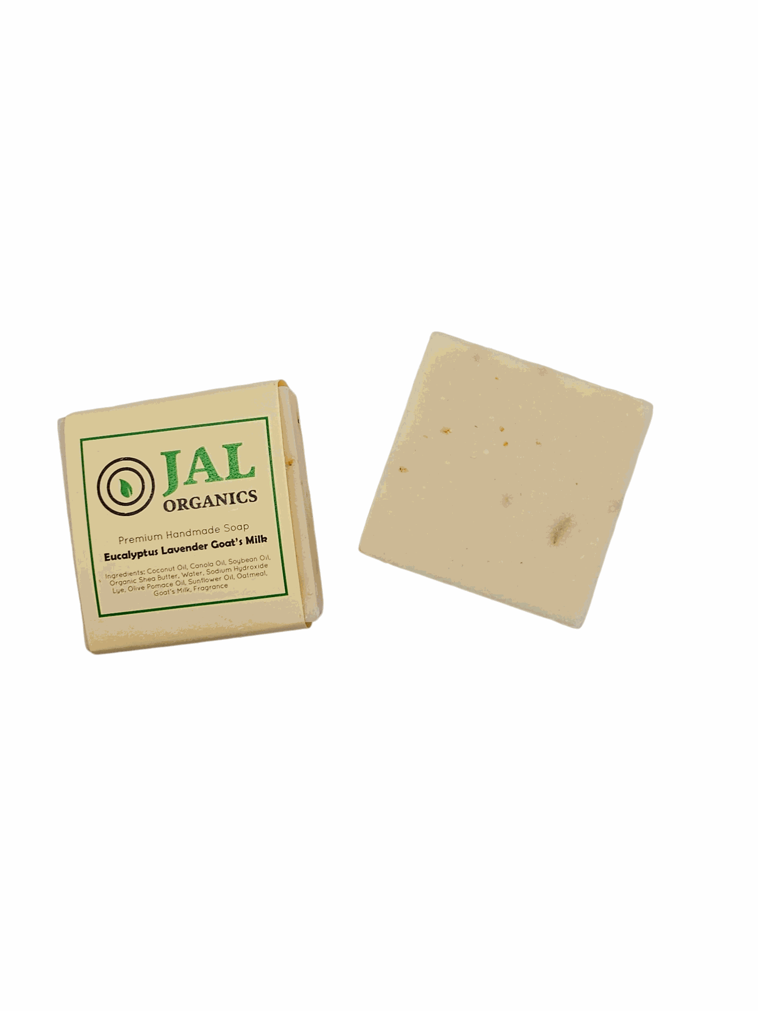 Eucalyptus Lavender Goat's Milk Bar with soothing ingredients, beside packaging.