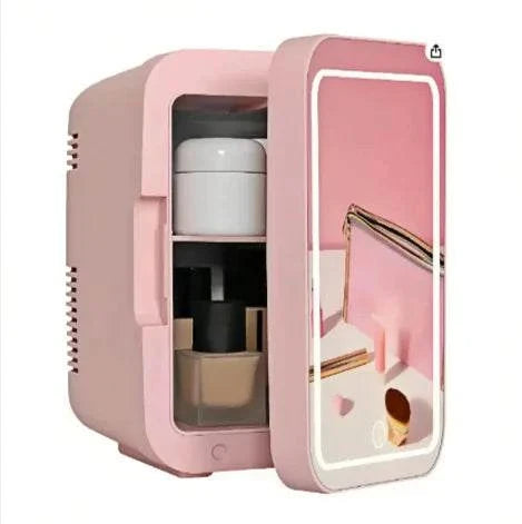 Glam Mini Cooler compact pink beauty fridge with illuminated mirror for skincare and cosmetics storage