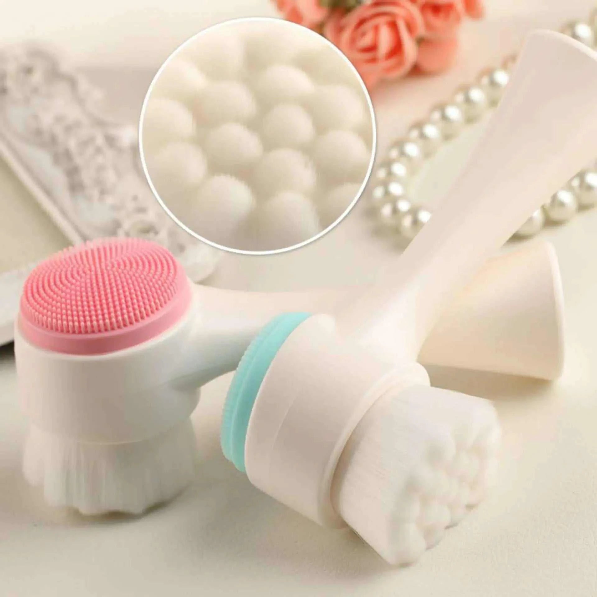 2-in-1 dual-sided facial cleansing brush with soft bristles and silicone massage side for deep cleansing and exfoliation.