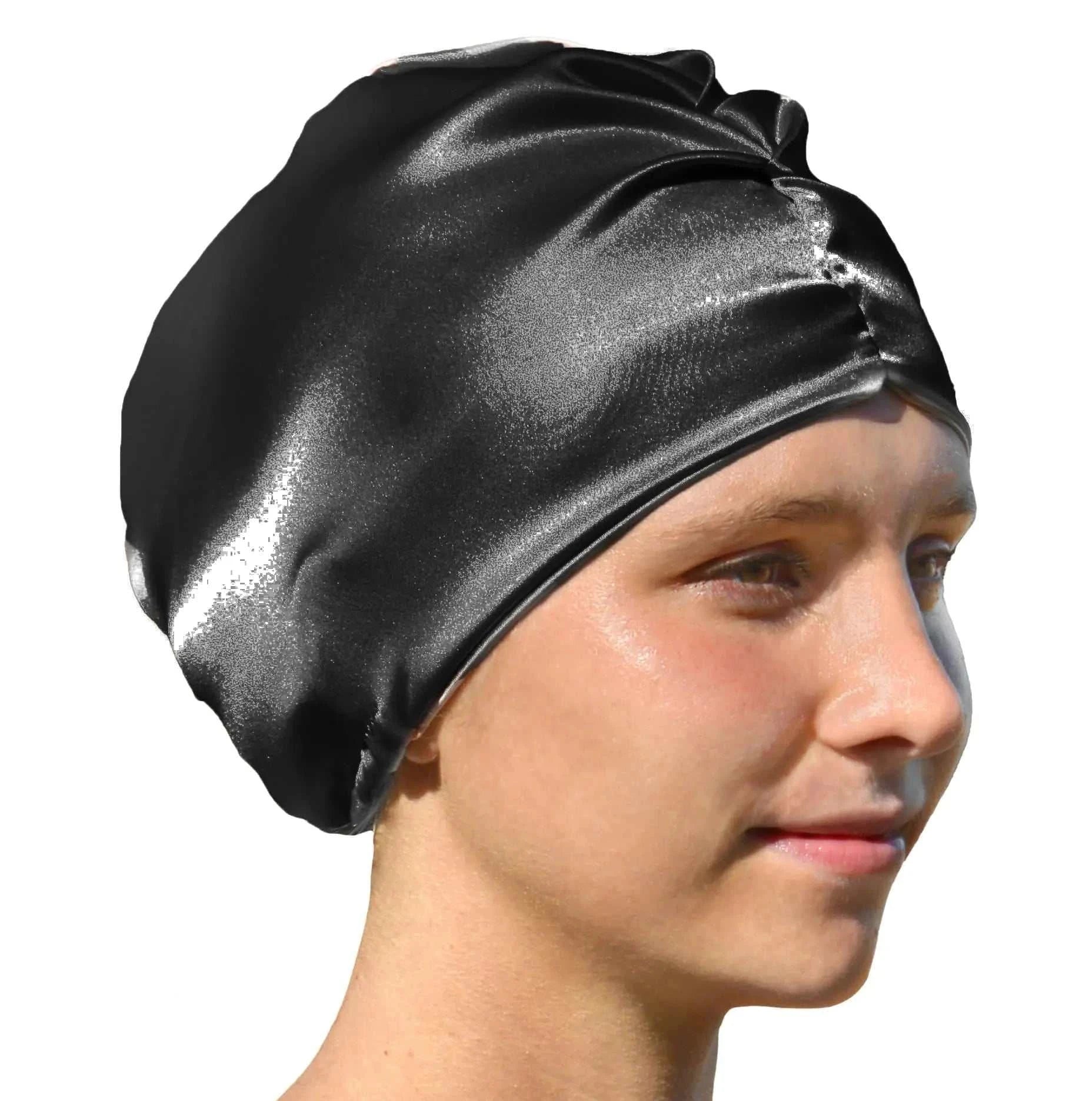 LuxSilk Sleeping Bonnet black silk anti-frizz adjustable reversible cap for curly hair