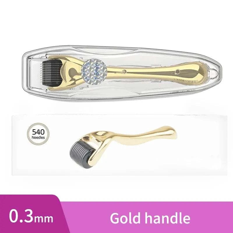Derma roller skin care with gold handle, 540 needles, for rejuvenating and firming skin.