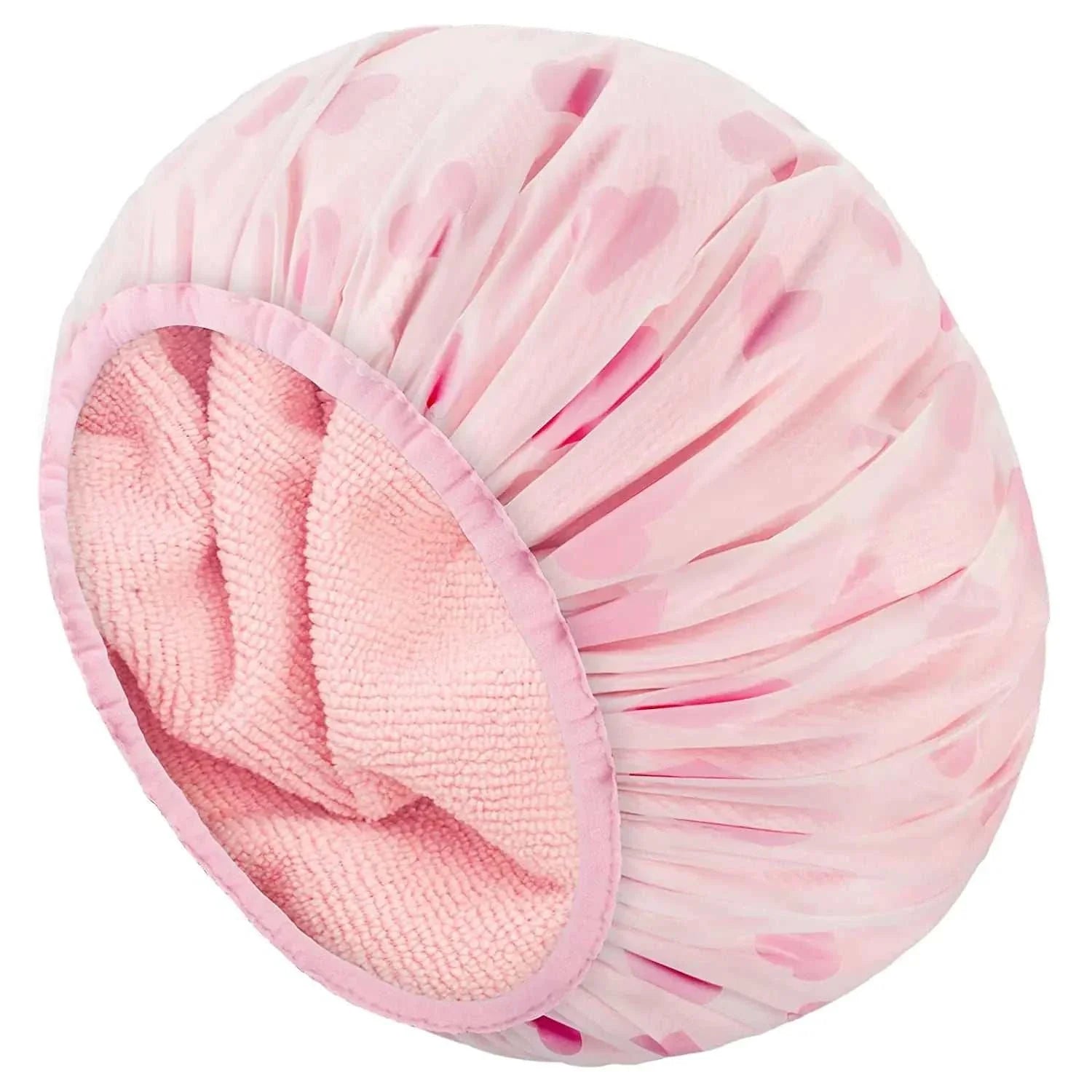 Auban Luxury Terry-Lined Waterproof Shower Cap with pink heart pattern and soft terry interior